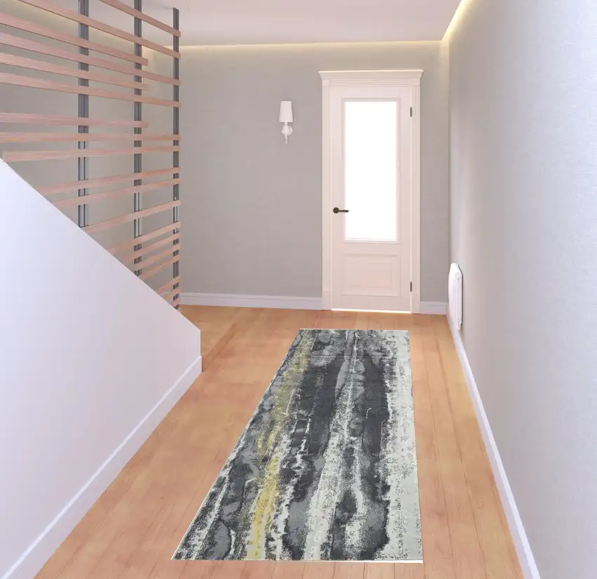 8' Gray and Black Abstract Runner Rug Photo 2