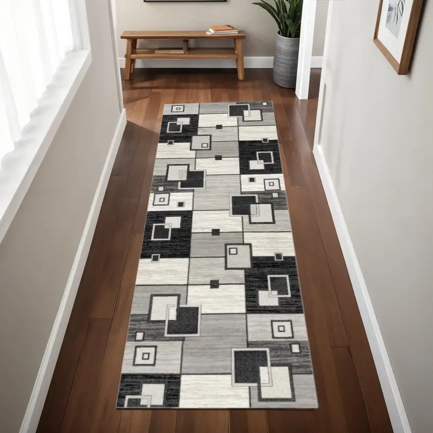 8' Gray and Black Geometric Power Loom Distressed Runner Rug Photo 2