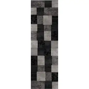 Photo of 10' Gray and Black Geometric Power Loom Distressed Runner Rug