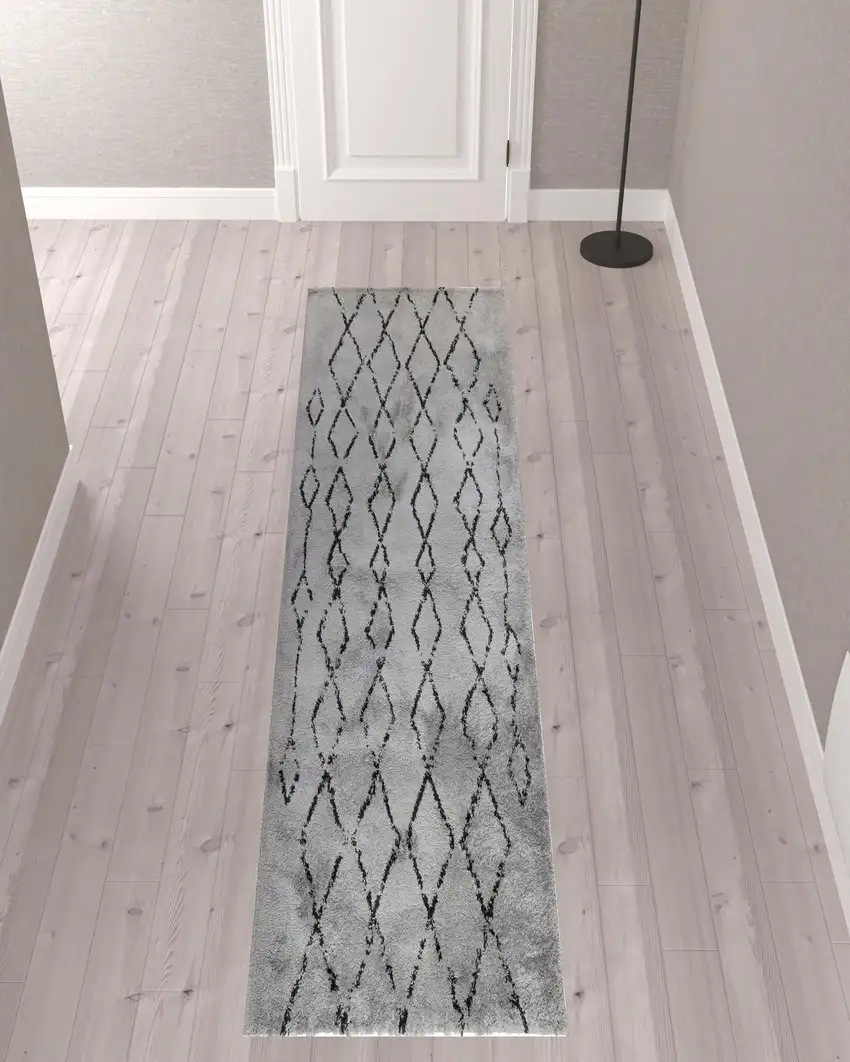 10' Gray and Black Geometric Shag Runner Rug Photo 3
