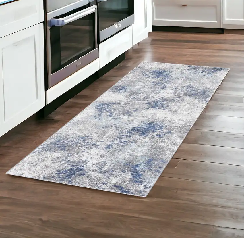 8' Gray and Blue Abstract Power Loom Runner Rug Photo 1