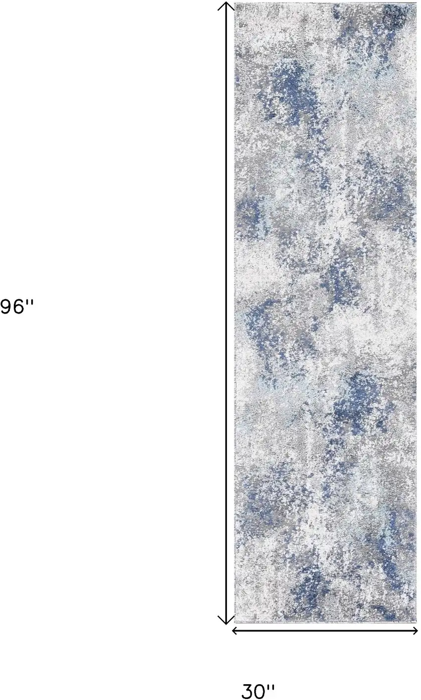 8' Gray and Blue Abstract Power Loom Runner Rug Photo 8