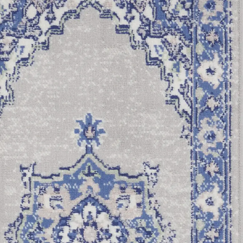 6' Gray and Blue Floral Runner Rug Photo 6