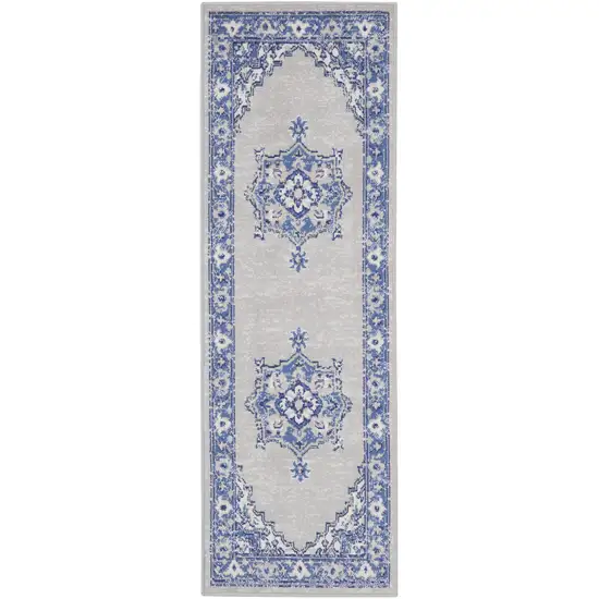 6' Gray and Blue Floral Runner Rug Photo 7