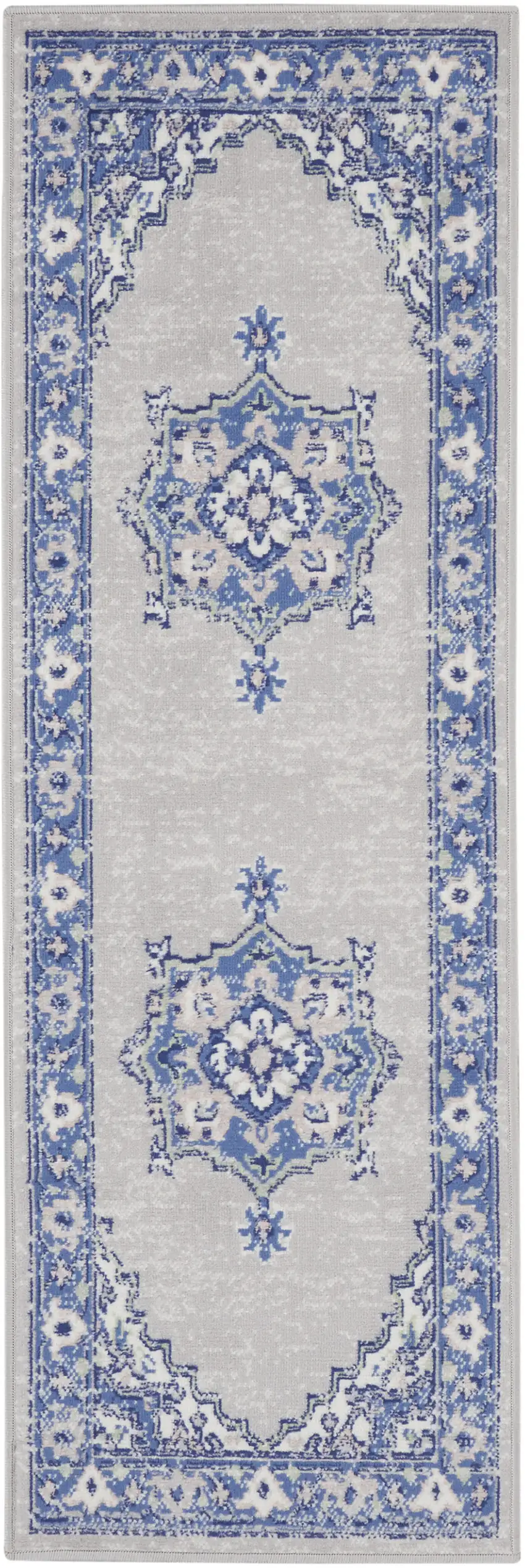 6' Gray and Blue Floral Runner Rug Photo 7