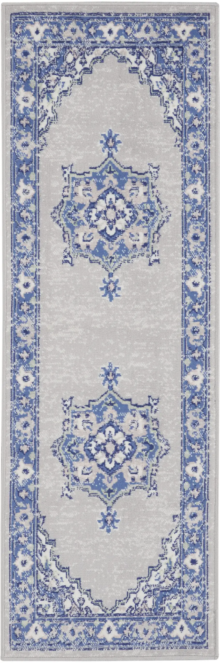 6' Gray and Blue Floral Runner Rug Photo 2