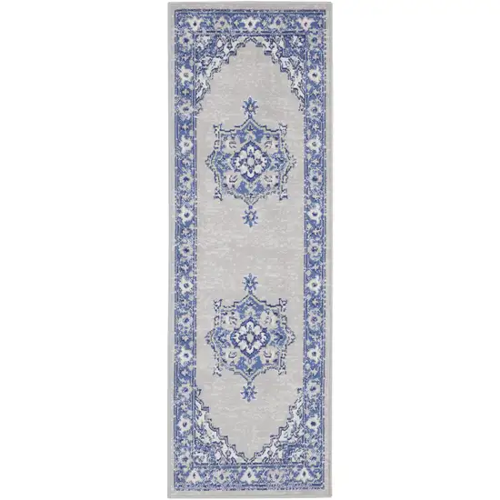 6' Gray and Blue Floral Runner Rug Photo 3