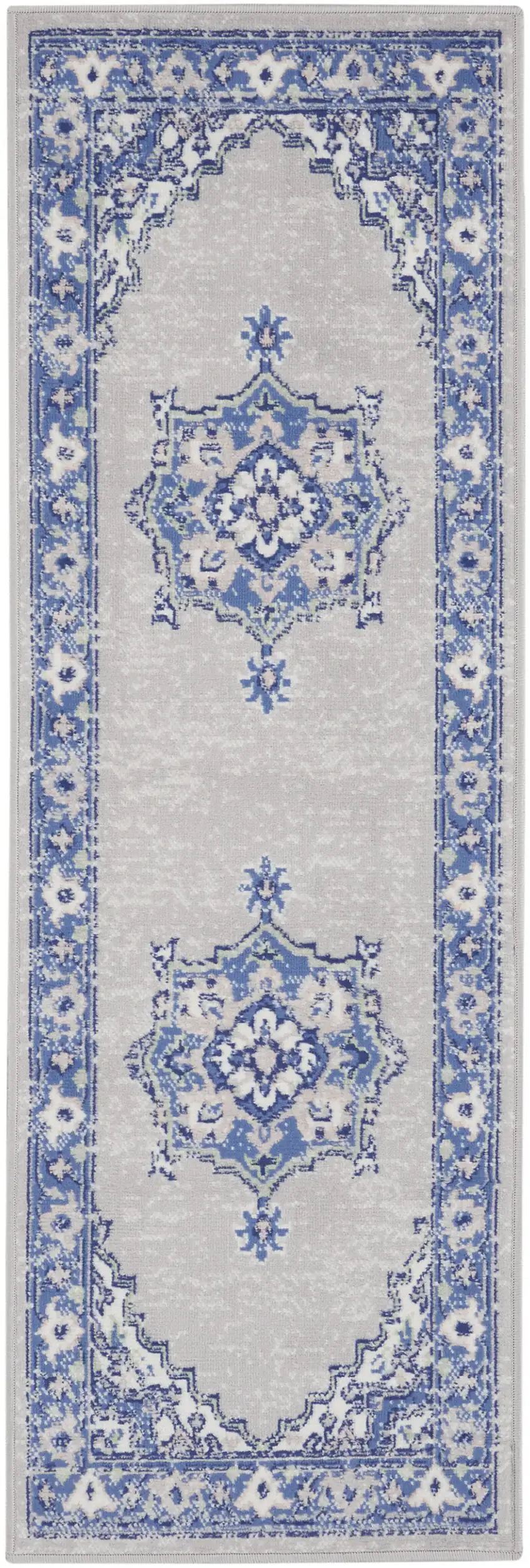 6' Gray and Blue Floral Runner Rug Photo 3
