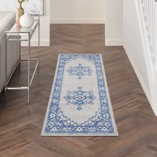 6' Gray and Blue Floral Runner Rug Photo 8