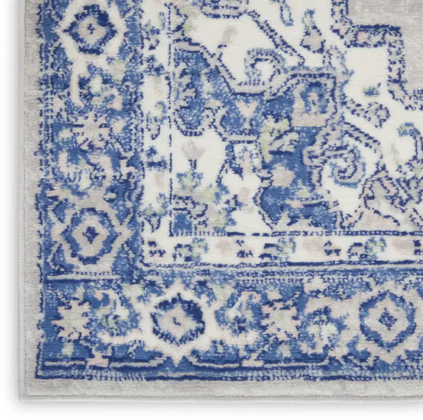 6' Gray and Blue Floral Runner Rug Photo 6