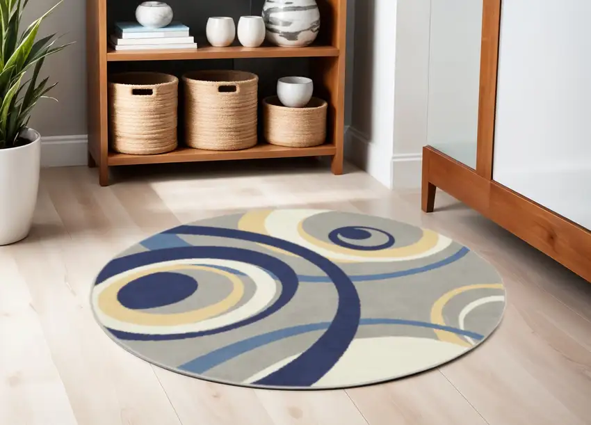 5' Gray and Blue Round Geometric Power Loom Area Rug Photo 1