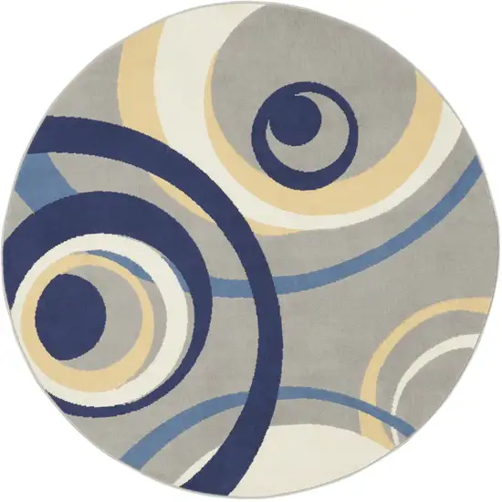 5' Gray and Blue Round Geometric Power Loom Area Rug Photo 4