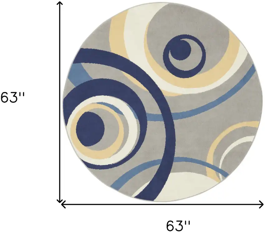 5' Gray and Blue Round Geometric Power Loom Area Rug Photo 3
