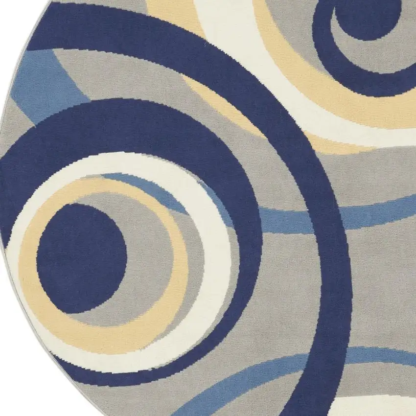 5' Gray and Blue Round Geometric Power Loom Area Rug Photo 3