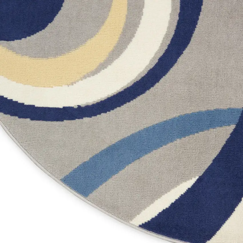 5' Gray and Blue Round Geometric Power Loom Area Rug Photo 8