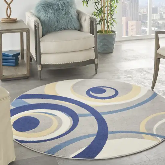 5' Gray and Blue Round Geometric Power Loom Area Rug Photo 5