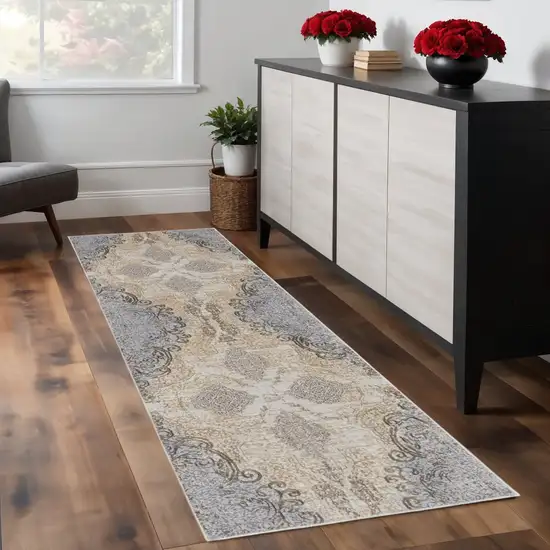 8' Tan And Gray Medallion Distressed Runner Rug Photo 1