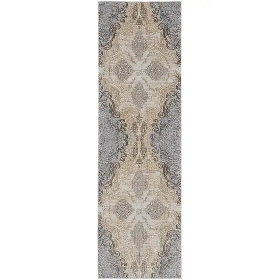 8' Gray and Brown Medallion Power Loom Distressed Runner Rug Photo 2