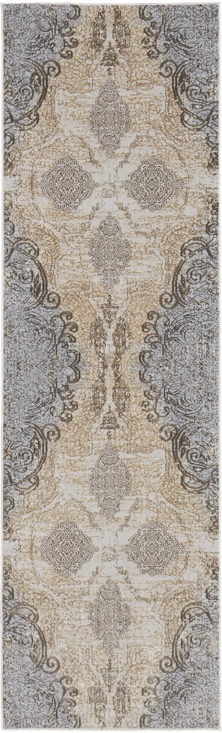 8' Gray and Brown Medallion Power Loom Distressed Runner Rug Photo 2