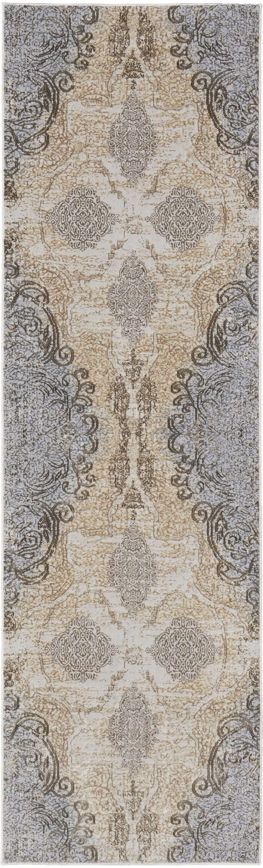 8' Gray and Brown Medallion Power Loom Distressed Runner Rug Photo 4