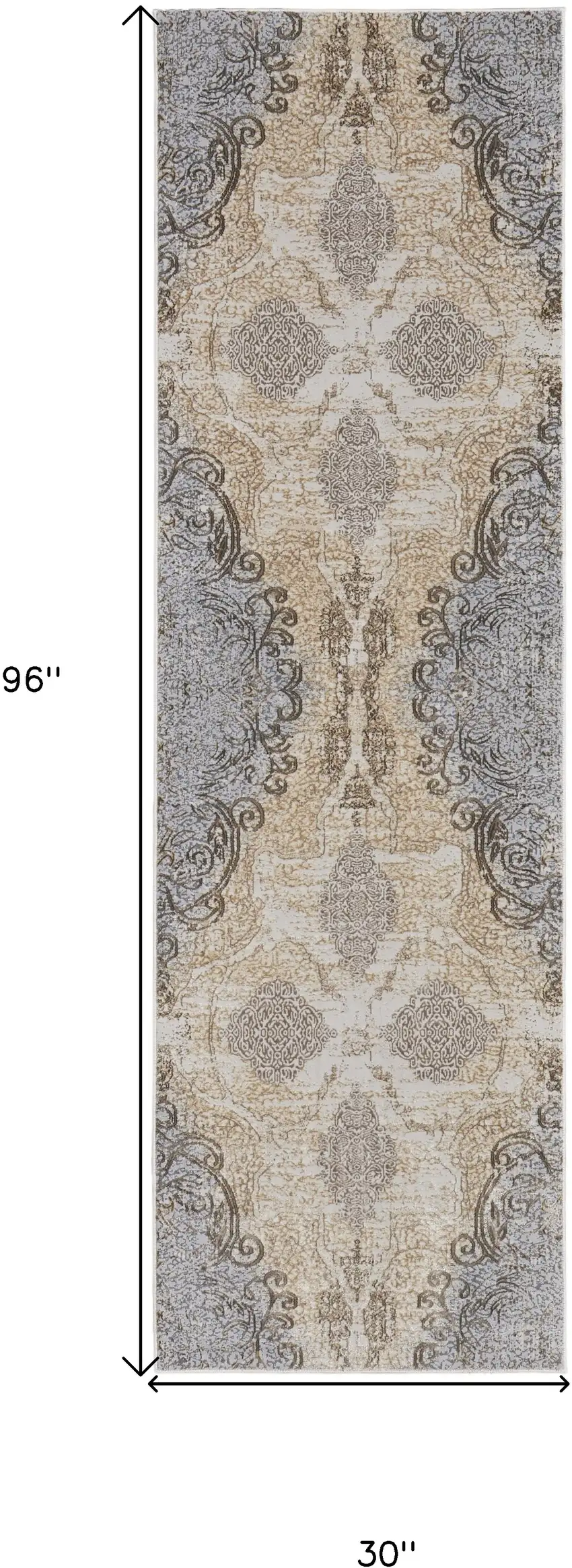 8' Gray and Brown Medallion Power Loom Distressed Runner Rug Photo 3