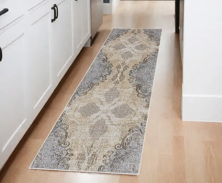 8' Gray and Brown Medallion Power Loom Distressed Runner Rug Photo 1