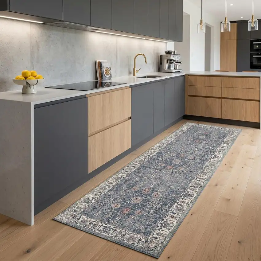 8' Ivory Charcoal And Brick Red Oriental Runner Rug Photo 1