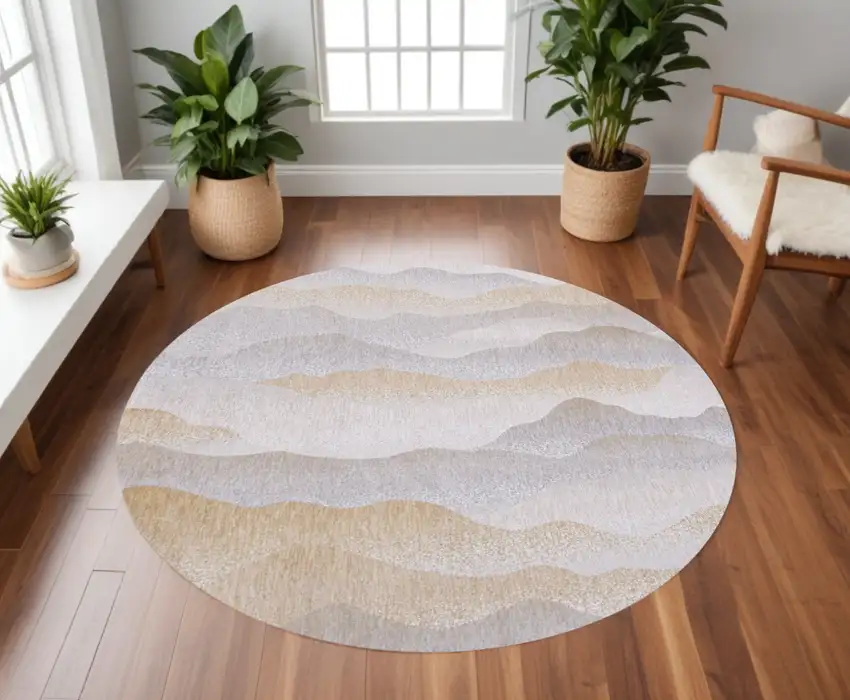 8' Gray and Brown Round Abstract Non Skid Area Rug Photo 1