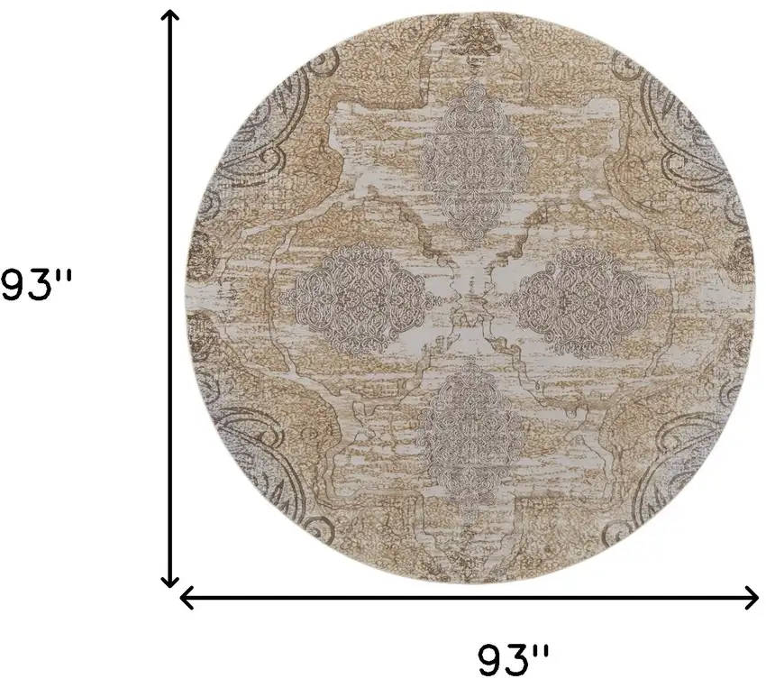 8' Gray and Brown Round Medallion Power Loom Distressed Area Rug Photo 3