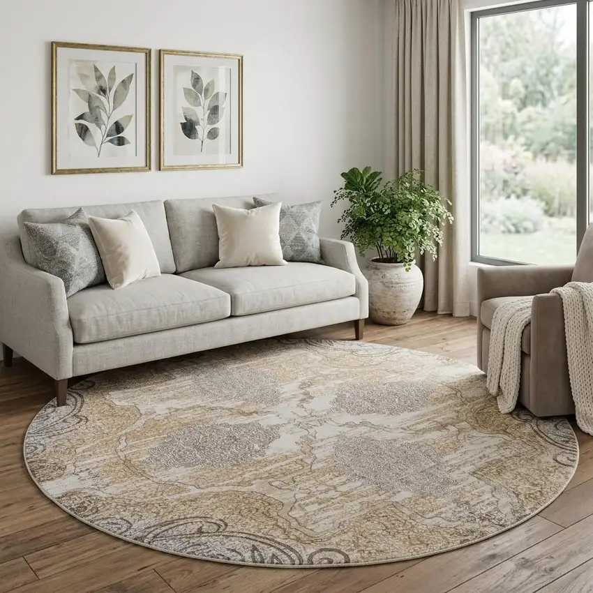 8' Tan And Gray Medallion Distressed Round Rug Photo 1