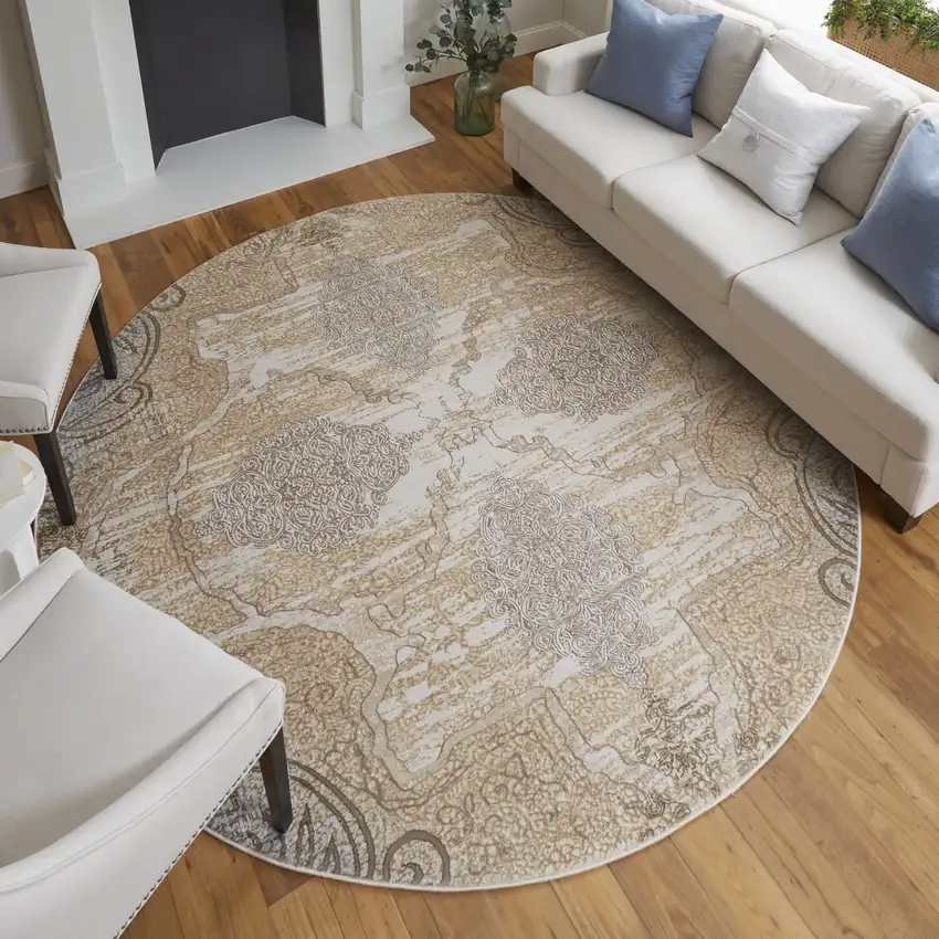 8' Gray and Brown Round Medallion Power Loom Distressed Area Rug Photo 6