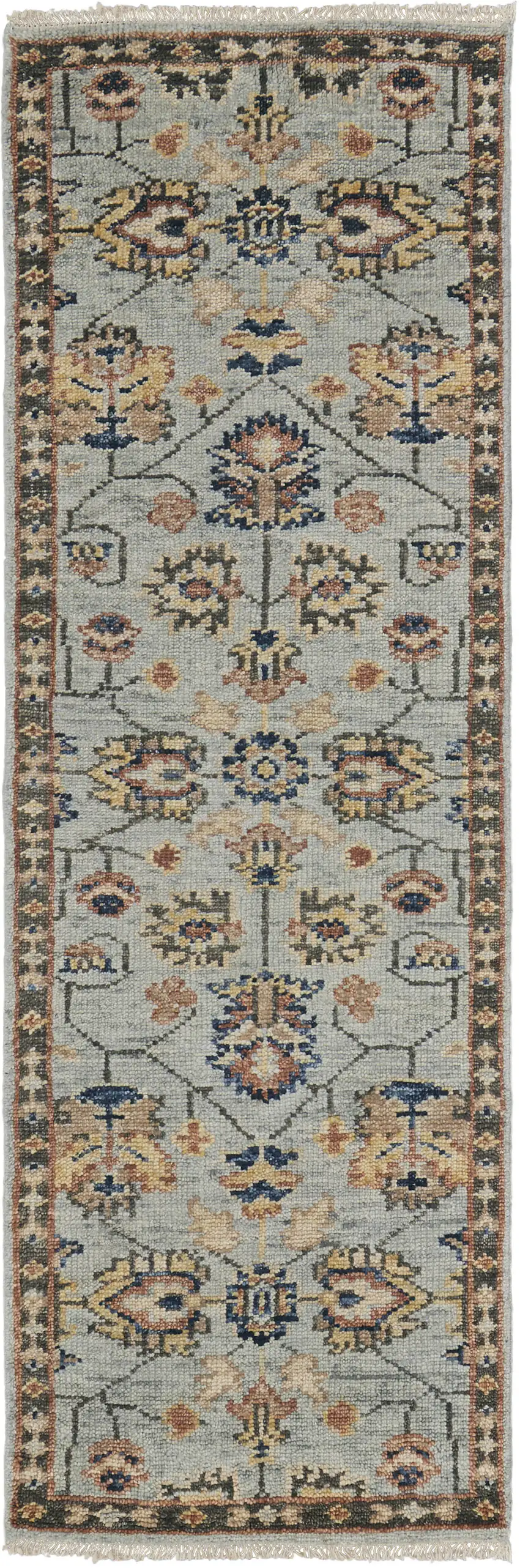 8' Gray and Gold Oriental Hand Knotted Runner Rug With Fringe Photo 4