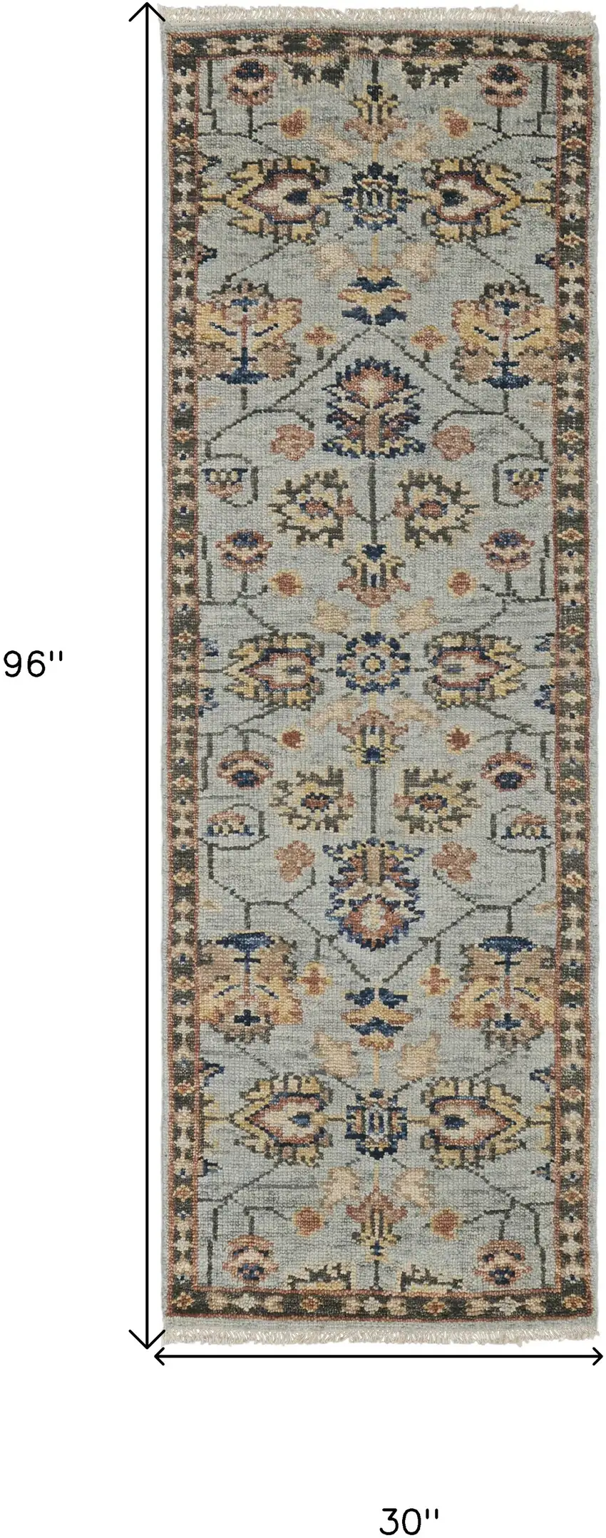 8' Gray and Gold Oriental Hand Knotted Runner Rug With Fringe Photo 3