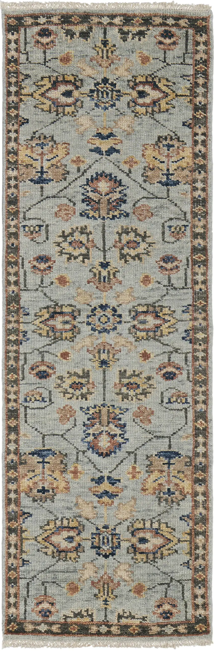 8' Gray and Gold Oriental Hand Knotted Runner Rug With Fringe Photo 2