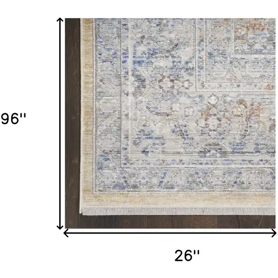 8' Gray and Gold Oriental Power Loom Distressed Runner Rug With Fringe Photo 7