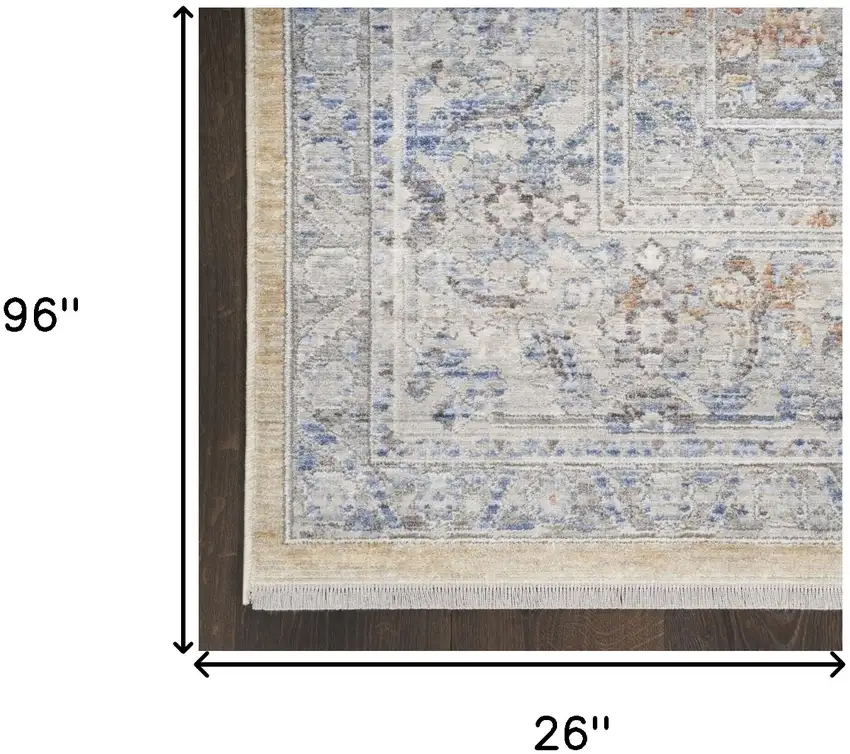 8' Gray and Gold Oriental Power Loom Distressed Runner Rug With Fringe Photo 7