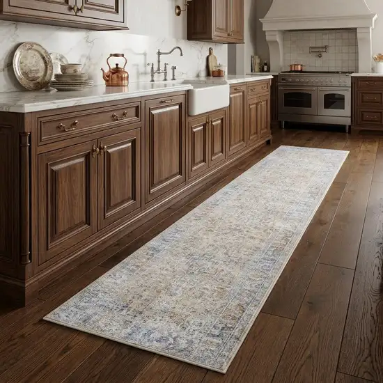 8' Gray and Gold Oriental Power Loom Distressed Runner Rug With Fringe Photo 1