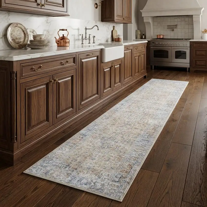 8' Gray and Gold Oriental Power Loom Distressed Runner Rug With Fringe Photo 1