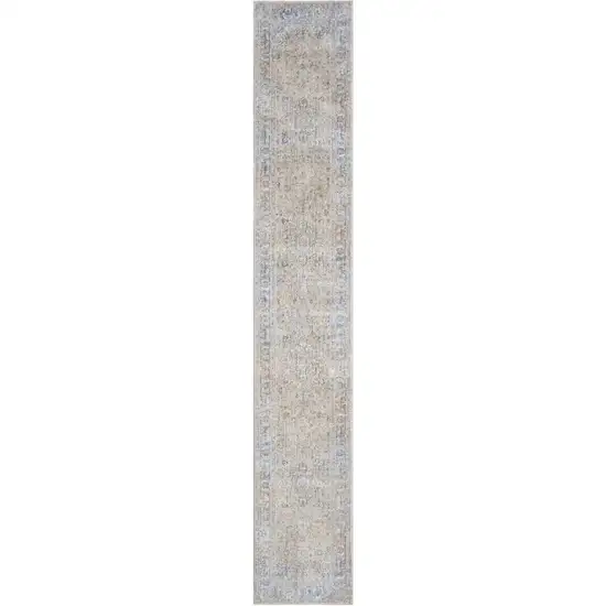 8' Gray and Gold Oriental Power Loom Distressed Runner Rug With Fringe Photo 2