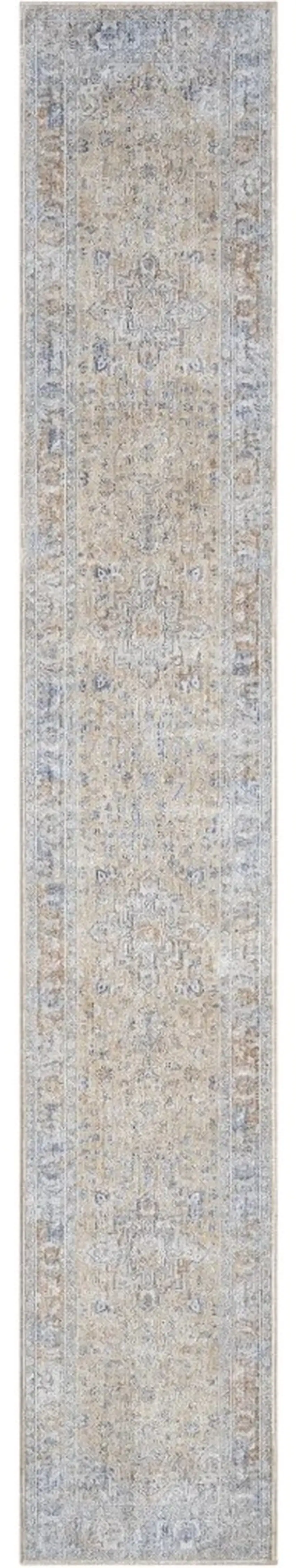 8' Gray and Gold Oriental Power Loom Distressed Runner Rug With Fringe Photo 2
