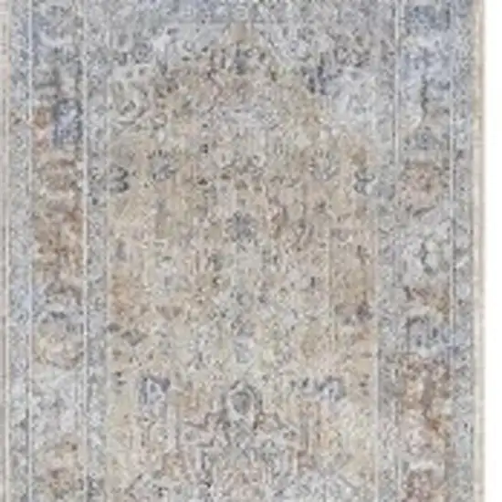 8' Gray and Gold Oriental Power Loom Distressed Runner Rug With Fringe Photo 3