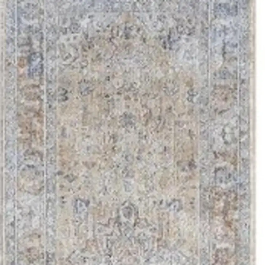8' Gray and Gold Oriental Power Loom Distressed Runner Rug With Fringe Photo 3