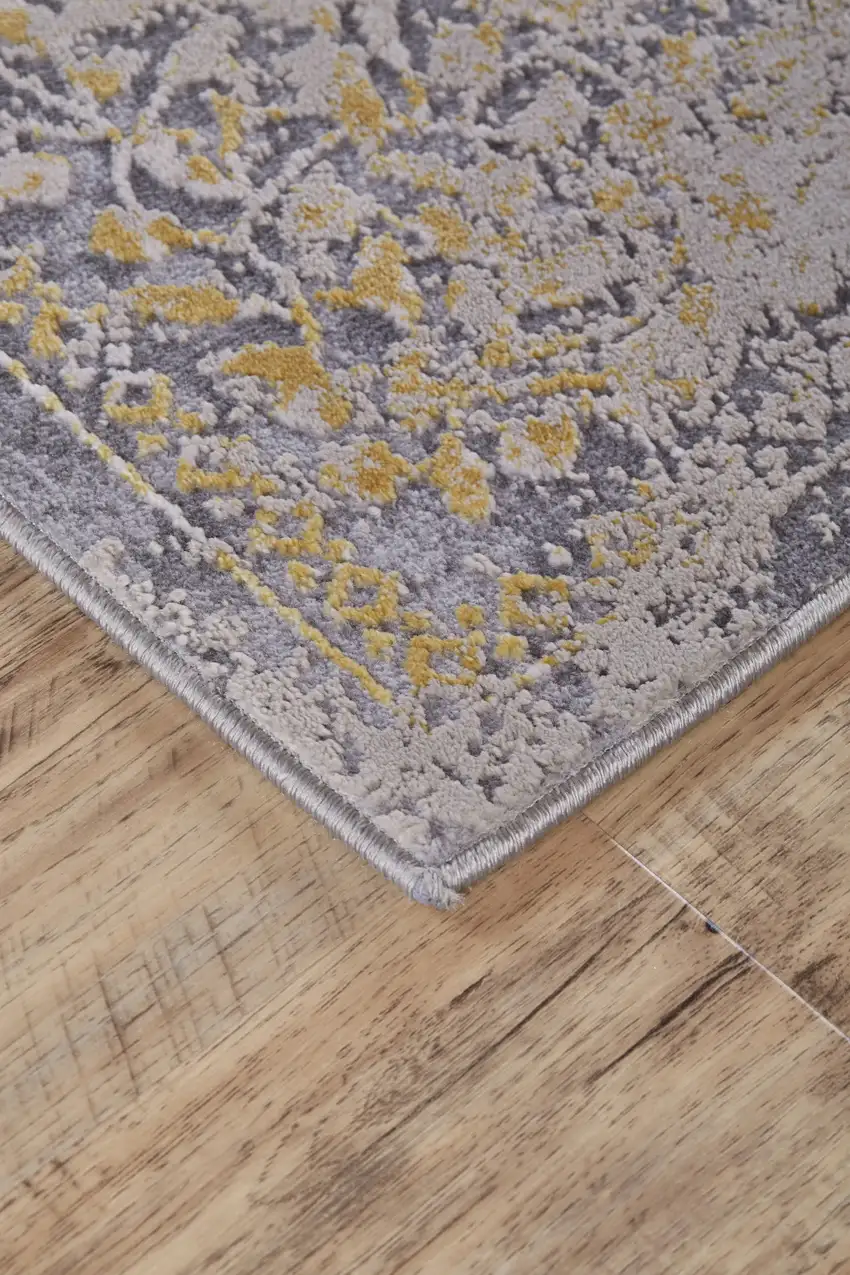 8' Gray and Gold Oriental Power Loom Worn Faded Runner Rug Photo 7
