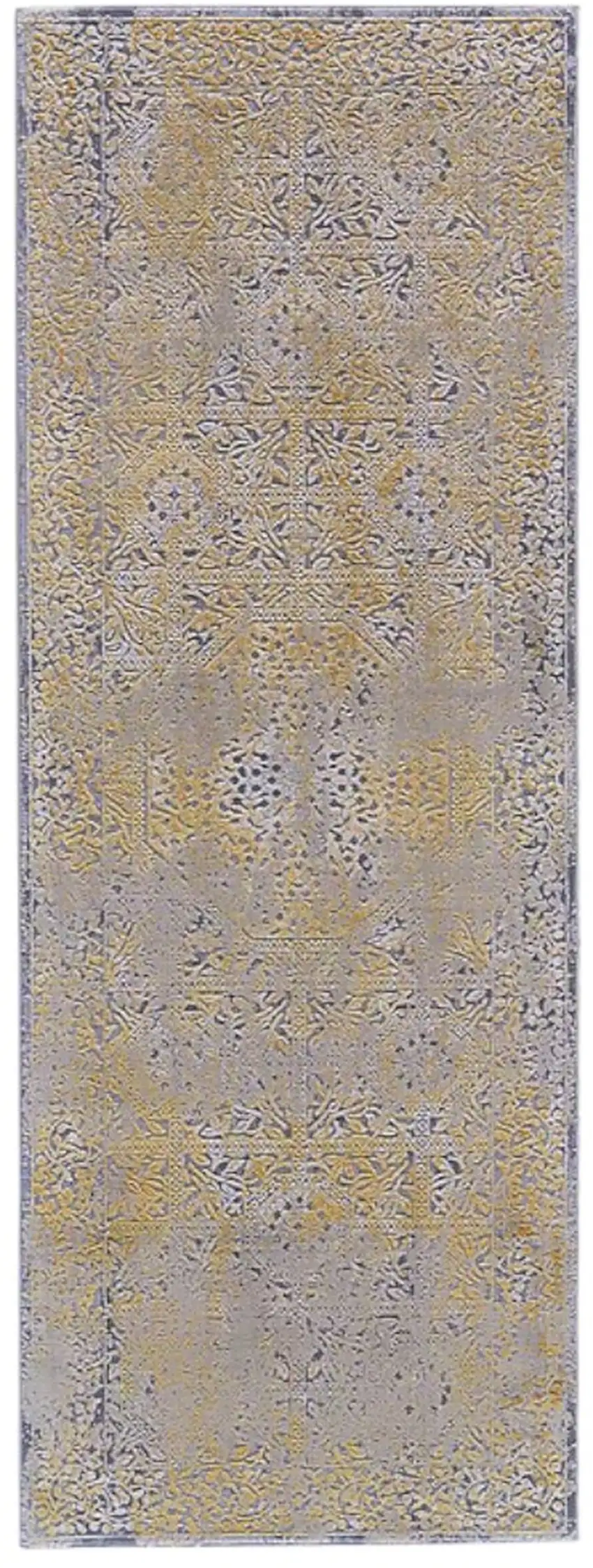 8' Gray and Gold Oriental Power Loom Worn Faded Runner Rug Photo 1
