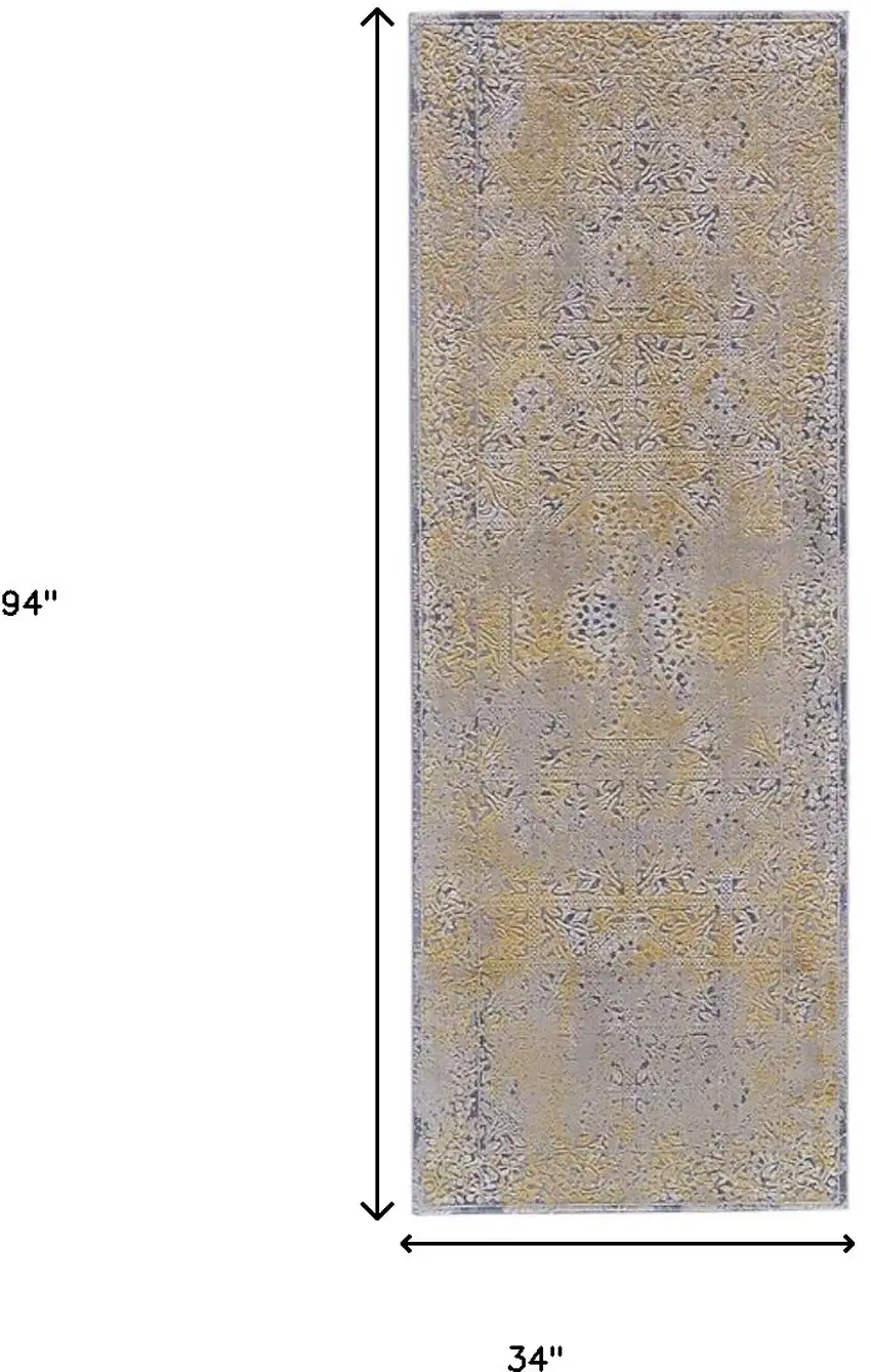 8' Gray and Gold Oriental Power Loom Worn Faded Runner Rug Photo 9