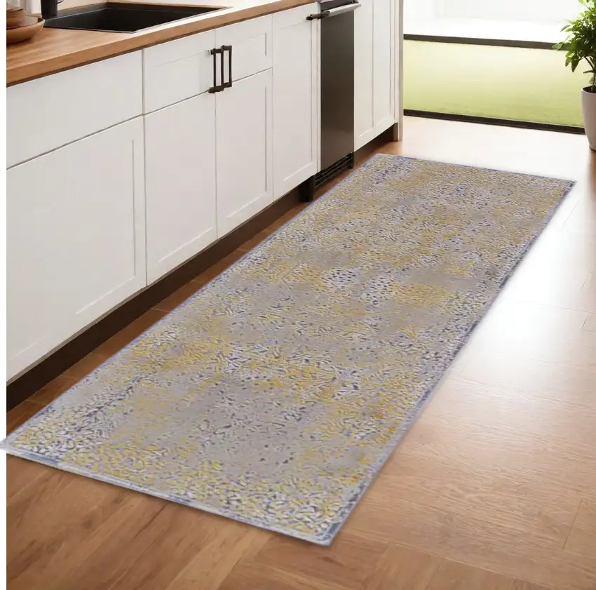 8' Gray and Gold Oriental Power Loom Worn Faded Runner Rug Photo 2