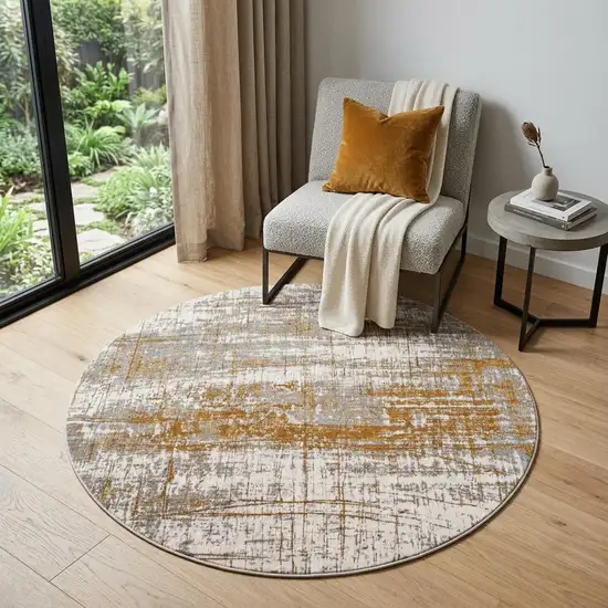 5' Gray and Gold Round Abstract Non Skid Area Rug Photo 1