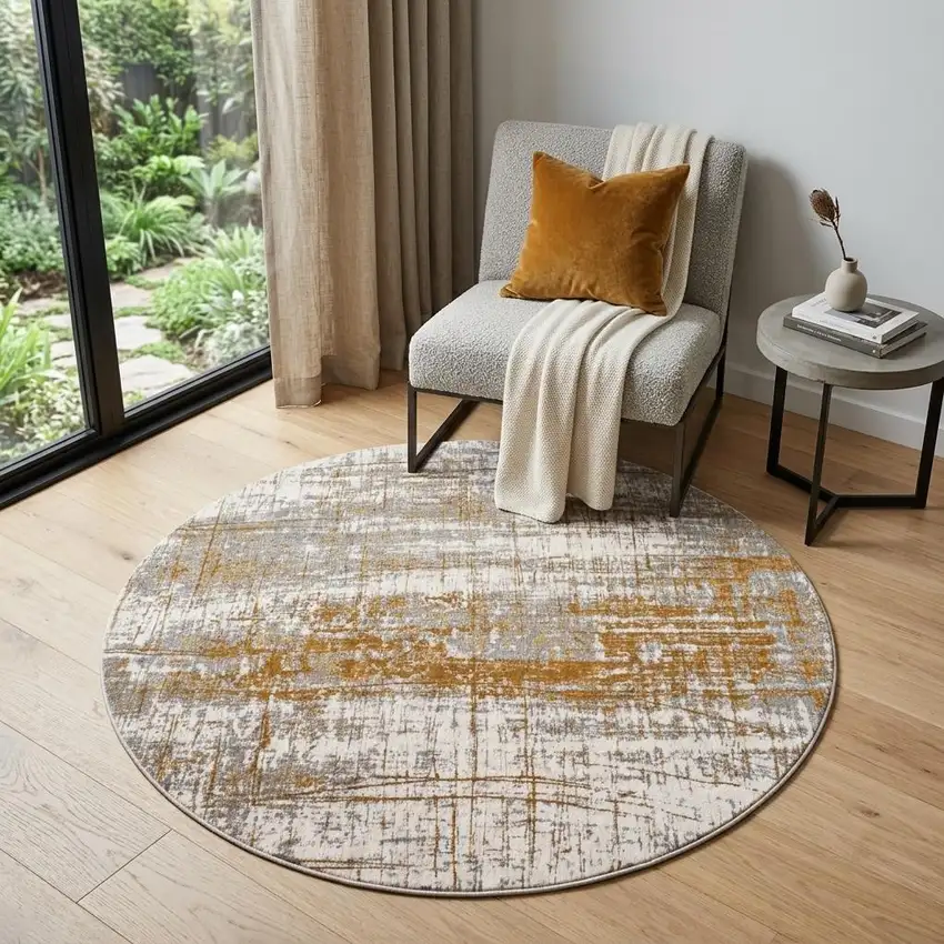 5' Gray and Gold Round Abstract Non Skid Area Rug Photo 1