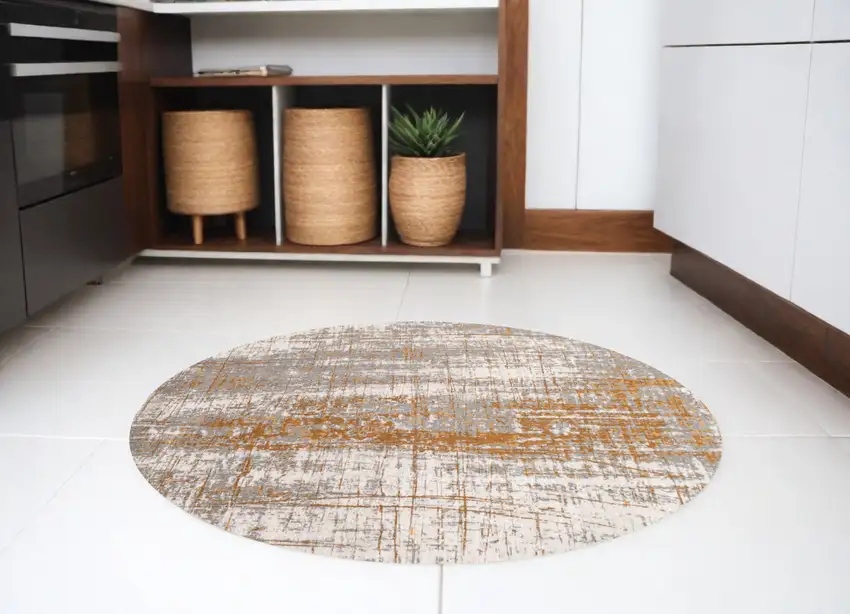 5' Gray and Gold Round Abstract Non Skid Area Rug Photo 1