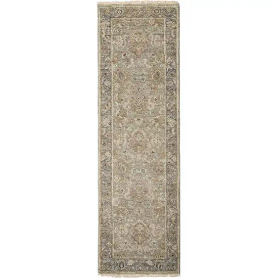 8' Gray and Gold Wool Oriental Hand Knotted Runner Rug With Fringe Photo 2